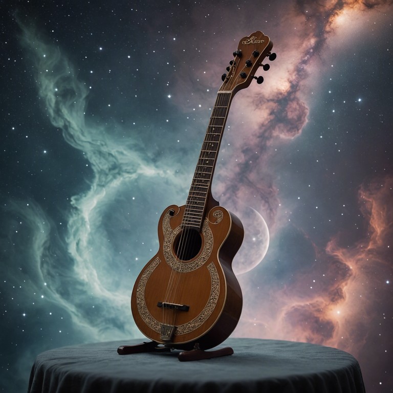 A musical interpretation where the sitar's traditional reverberations are intricately blended with ambient synth layers, creating an oasis of peace and spirituality.