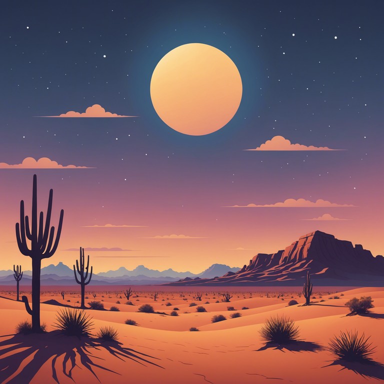 A tense instrumental track featuring a haunting steel guitar melody symbolizing suspense and unseen dangers lurking in a deserted landscape. The melody intertwines with minimal percussive beats to enhance the feeling of solitude and suspense in the vastness of a desert at dusk.