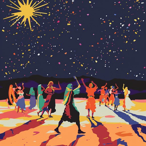 Experience the lively celebration with energetic middle eastern rhythms, where vibrant percussion and captivating melodies transport you to an oasis of joy and traditional dances. The music conjures images of swirling dancers and colorful festivals under the starlit desert sky.