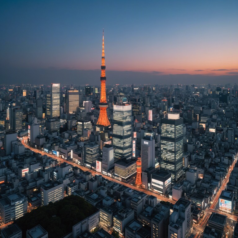 Imagine a serene scene at dusk in a futuristic tokyo where cultures blend and time seems to stand still. The shamisen's strings echo through the shimmering city, complemented by electronic beats that add a sense of depth and modernity to the traditional instrument.