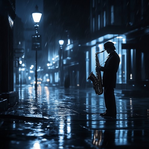 An immersive, melancholic jazz house composition with soothing saxophone solos layered over ambient, slow house beats, designed to evoke the solitary beauty of a city drenched in rain at midnight.