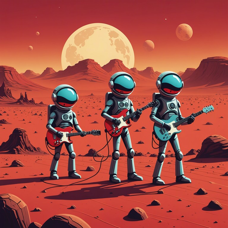 Imagine mischievous martians engaging in a high energy rap battle, with heavy metal riffs echoing across the red plains of mars. This unique track blends playful lyricism with the aggressive punch of metal, set against a backdrop of interstellar mystery.