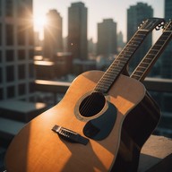 cheerful guitar amidst urban sunrise