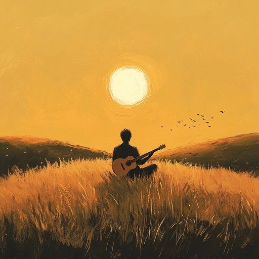 A soft, melancholic journey through an acoustic guitar solo, painting a picture of a lone wanderer in twilight fields, evoking deep feelings of introspection. The gentle strumming and poignant melodies create a soundscape of reflective solitude, perfect for a late summer evening.