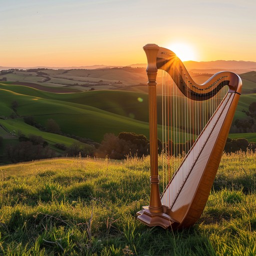 Picture a peaceful sunset over rolling green hills, with a gentle harp playing soothing melodies. A calming instrumental piece with the warm essence of german schlager, ideal for unwinding and relaxation.