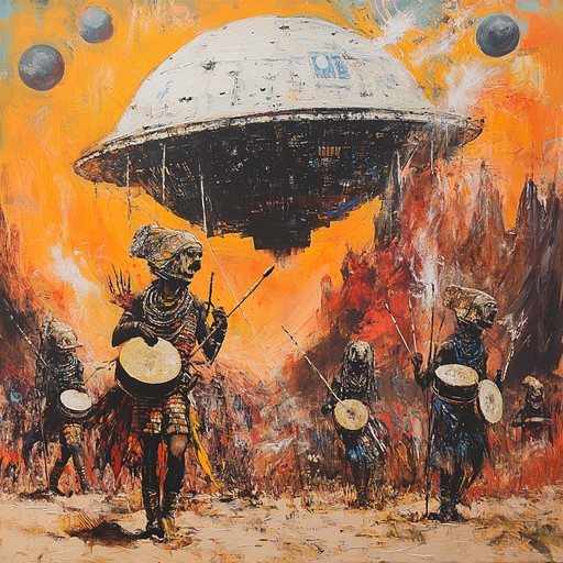 An enigmatic and powerful track featuring dynamic tribal drums interwoven with cosmic soundscapes, telling the story of an inevitable clash between ancient alien warriors and human tribes, evoking a sense of grandeur and otherworldly mystery.