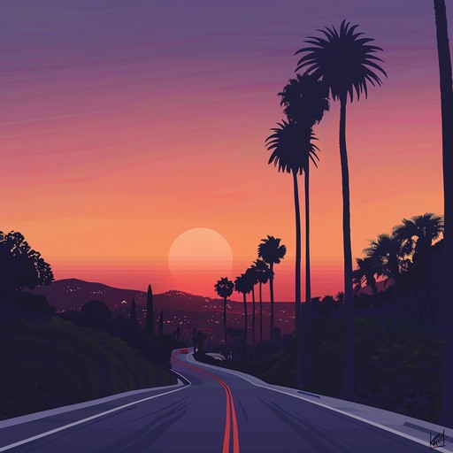 This track should evoke the feeling of cruising down sunset boulevard, with upbeat guitar riffs and a catchy drumbeat that encapsulates the essence of freedom and youth. As the sun sets, the music should reflect a transition from upbeat to a more introspective, mellow tone, capturing the diverse energy of the bustling street.