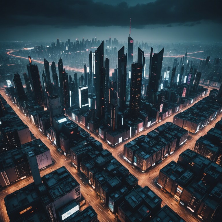 Dive deeper into a synthetic world where the pulsating rhythms of bass and treble paint a vivid picture of a cyberpunk city bustling with life and color.