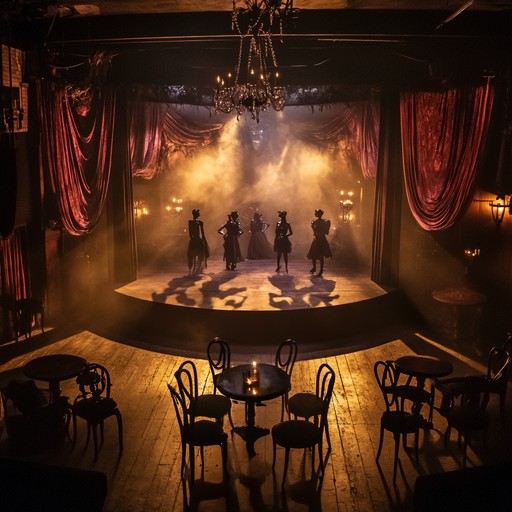 A descent into a shadowy cabaret where every note drips with suspense, painting an intricate dance of masked figures under flickering candlelights. The atmosphere is thick with mystery and tension, creating an unsettling yet alluring experience