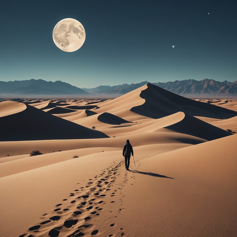 A musical piece that captures the spirit of a solitary wanderer in a vast desert under a moonlit sky, combining haunting western guitar melodies with the enigmatic sounds of the east, creating an atmosphere of tranquil yet profound mystery and enchantment.