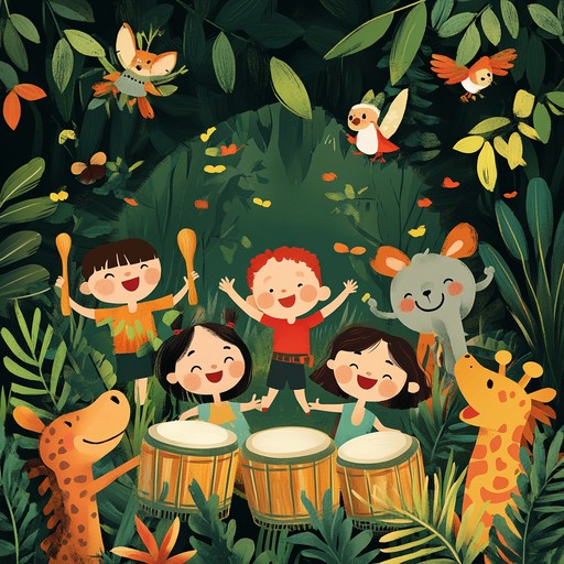 An exhilarating instrumental featuring vibrant rhythms and melodies that invite children to dance and pretend to be their favorite jungle creatures