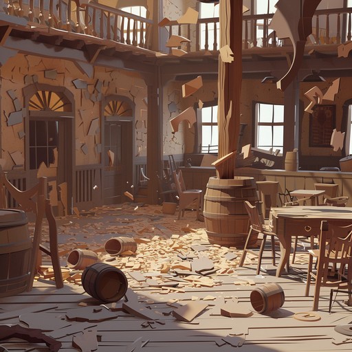 This instrumental piece transports you to the raucous, chaotic moments of an old western saloon showdown. With rapid fire instrumentation and unpredictable rhythms, it captures the intensity and drama of a wild west battle between outlaws, creating an adrenaline pumping auditory experience.