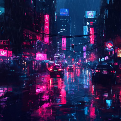 Imagine a shadowy urban street illuminated by flickering neon lights, with ominous synths creating a tense and mysterious atmosphere. The low, droning bassline intertwines with eerie, high pitched arpeggios, painting a picture of suspense and intrigue typical of 1980s dystopian futures.