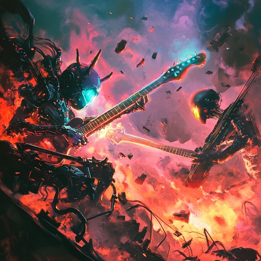 Dominating electric guitar work intertwined with cinematic orchestral sweeps, creating an intense atmosphere that tells the struggle and glory of mythical titans in their final battle.