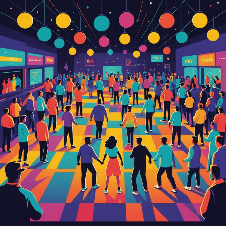 Imagine a lively dance hall in the heart of london during the optimistic 90s, where the electric piano leads a dance frenzy of feel good vibes and rhythmic precision, all set against a backdrop of urban chic and youthful exuberance.