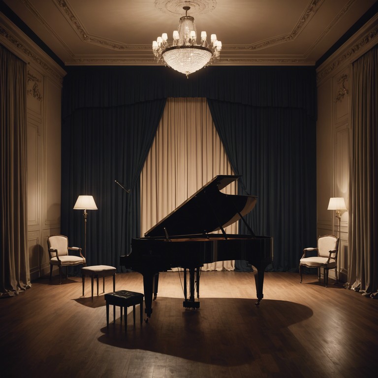 A haunting composition that merges the gentle clash of an old piano with the darkness of night, encapsulating the theatrical atmosphere of a dimly lit cabaret. Each note resonates as a whisper from the shadows, creating an eerie yet beautiful musical narrative in the guise of an intimate cabaret session.