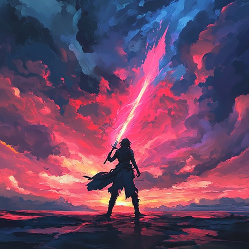 A powerful and dynamic instrumental piece blending orchestral and rock elements, capturing the essence of a hero embarking on an epic journey in an anime setting.