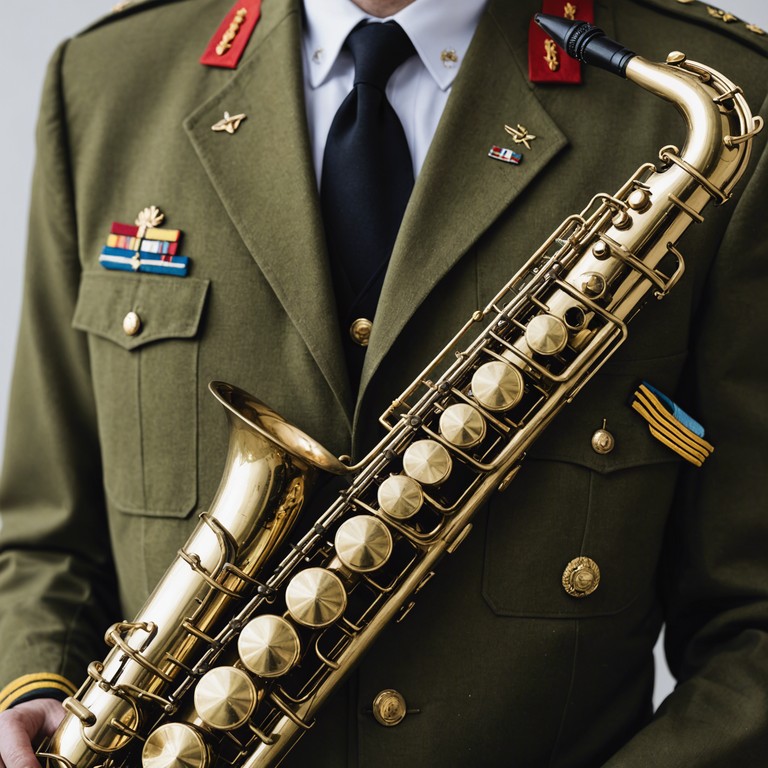 Emphasizing the unexpected harmony between the gentle allure of romantic saxophone notes and the commanding presence of military beats, echoing the duality of order and passion.