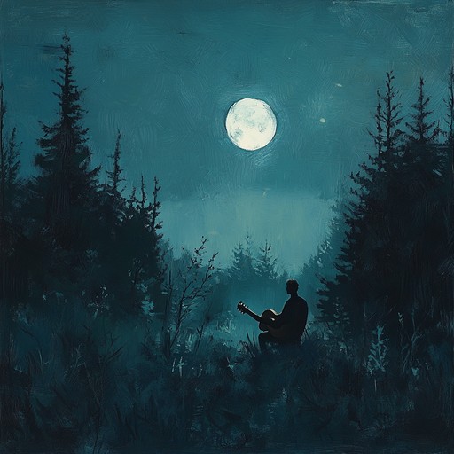 A somber melody reverberates through a desolate forest, captured under the cold moonlight. Rustic riffs on an acoustic guitar mingle with haunting ambient textures, invoking the loneliness of forgotten places. Deep bass notes punctuate the stillness, creating an eerie, mysterious atmosphere.