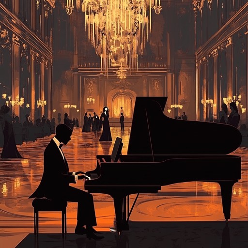 A majestic instrumental merging dark cabaret piano with sweeping orchestral layers, creating an atmosphere of elegance intertwined with shadows, reminiscent of an opulent masquerade with a mysterious allure