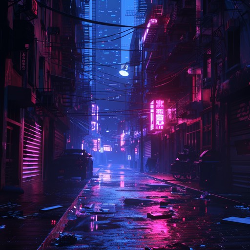 An instrumental track dominated by dark and menacing synth melodies, invoking the feeling of being stalked through the midnight streets of a neon lit cityscape. The composition is filled with tension and unease, ideal for any unsettling scenes.