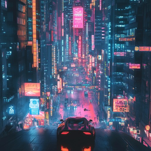 Imagine a high speed futuristic chase through a neon lit metropolis. The pulsing beats and dramatic synths echo the tension and exhilaration of the pursuit, creating a vivid, immersive experience. The track grows increasingly intense, capturing the heart pounding thrills of racing through this electric landscape.