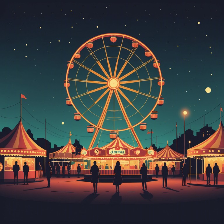 Imagine dancing figures casting long, spooky shadows under the moonlight in an abandoned carnival, where the cheerful polka music plays unsettlingly off key to create a haunting atmosphere.