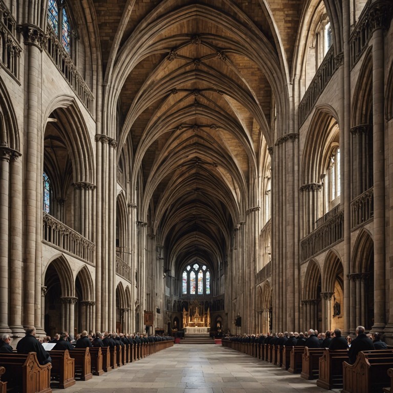 An ensemble of opera singers and a grand organ perform a spiritually uplifting piece within the echoing walls of a majestic, medieval cathedral, instilling feelings of peace and divinity among listeners