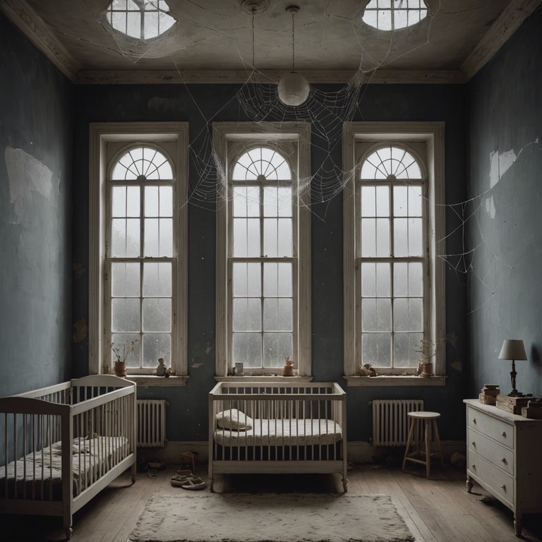 A forgotten nursery room, painted by dust and time, hides beneath layers of history and sorrow, echoing the unsettling sounds of a long lost creepy lullaby played by a haunting music box, suggesting tales untold and sleepless nights.