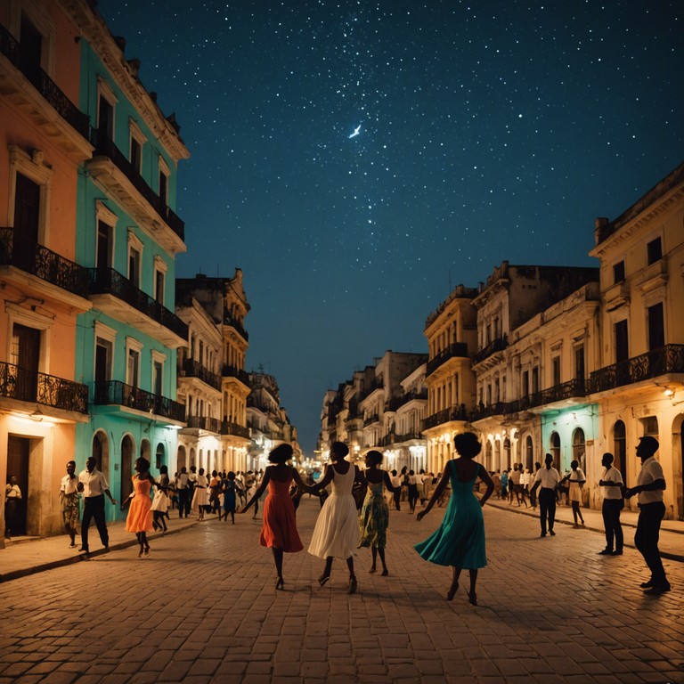 Imagine a breezy havana evening where the streets come alive with the sound of congas and the laughter of dancers, under a canopy of starlight, expressing joy and communal spirit.