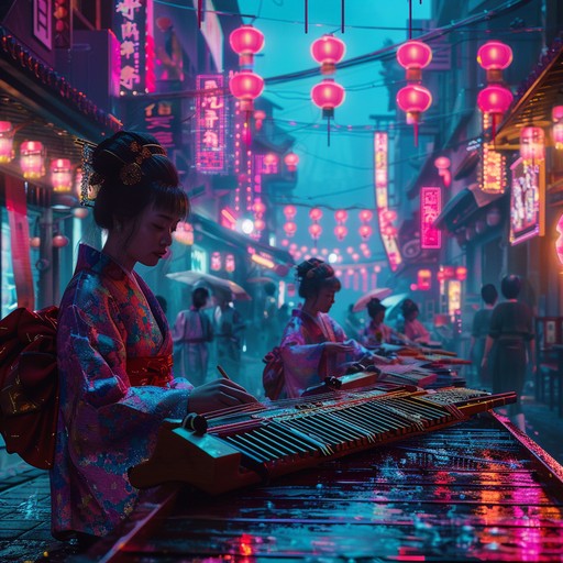 A modern interpretation where the ancient koto meets contemporary pop influences, echoing through a neon lit futuristic landscape, drawing a bridge between the past and the future, all set under blooming sakura.