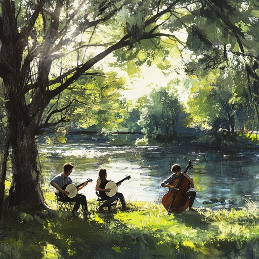 An energetic and spirited bluegrass instrumental featuring rapid banjo picking, lively fiddles, and toe tapping rhythms. Perfect for a sunny day by the river, evoking feelings of joy, freedom, and celebration. Experience a jubilant musical journey that gets your feet moving and heart racing.