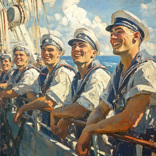 An uplifting and breezy instrumental piece capturing the spirits of russian sailors enjoying a sunny day at sea, featuring lively melodies and a cheerful rhythm that evokes the feeling of freedom and adventure on the open waters.