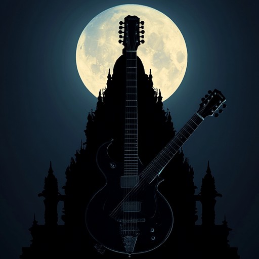 An ominous fusion track that combines distorted electric guitars with traditional sitar melodies, creating a haunting atmosphere inspired by ancient indian raga scales. The song builds tension through complex rhythms and eerie textures, evoking the feeling of traversing shadowed temples at night.