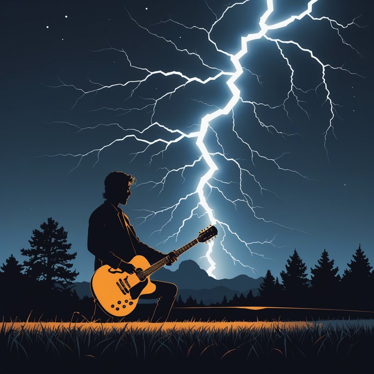 Envision an electric storm with lightning illuminating the sky, perfectly synchronized with powerful guitar chords, creating a vibrant and dramatic audio experience. This version focuses more on the sudden and impactful nature of guitar sounds, resonating like lightning bolts in a tempest.