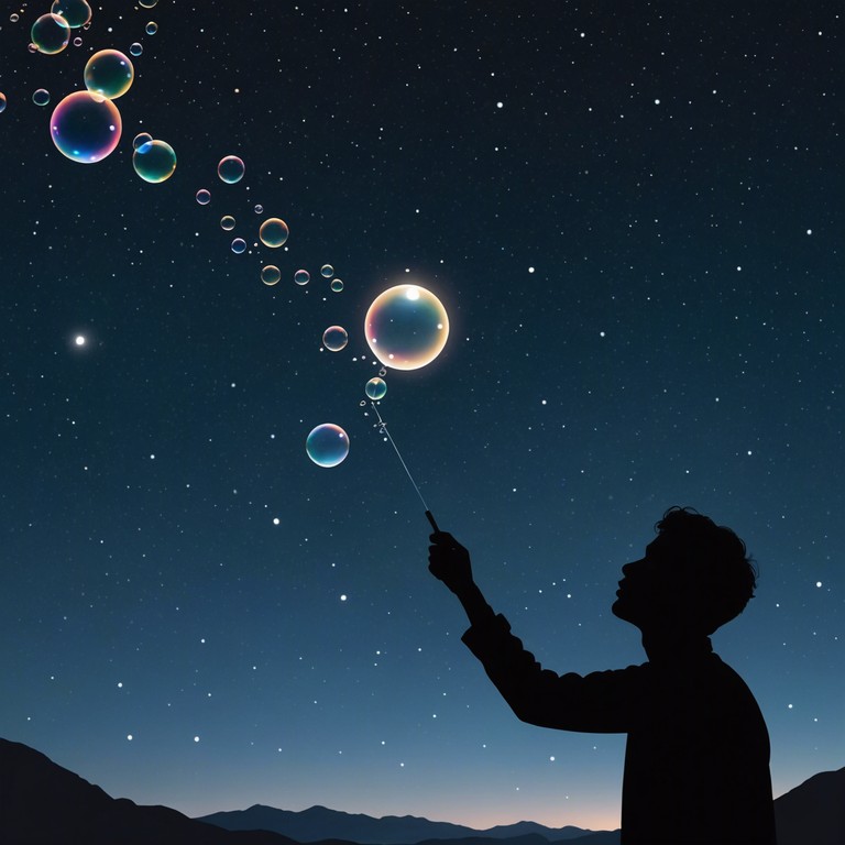 Imagine a whimsical scene under a starlit sky where playful jazz melodies mimic the light, airy movements of soap bubbles. Each note rises and pops like bubbles created by an invisible wand, creating a canvas of sound that paints a tale of light hearted mischief and dreamy wonder.