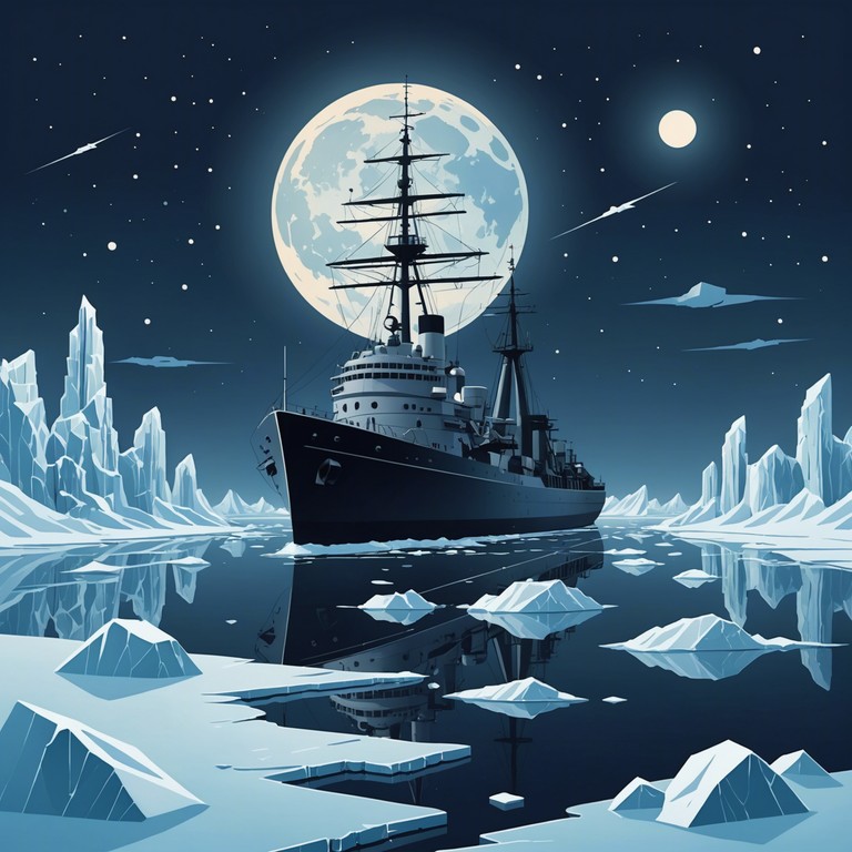 The instrumental evokes a haunting mood on a russian naval ship caught amidst the icy barents sea at night, where deep, resonant tones blend with the sharp crackling of freezing waves.