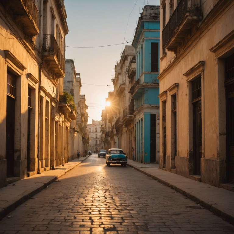 The track captures the essence of a peaceful evening in havana as the sun sets, casting long shadows and painting the cobblestones in a golden hue. Delicate piano melodies intertwined with subtle trumpet solos create a feeling of nostalgia and warmth, encapsulating the vibrant yet serene spirit of latin america.