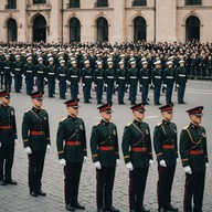 powerful military drums, commanding presence.