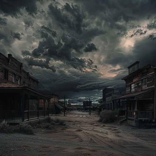 A haunting instrumental track evoking the tense atmosphere of an impending duel in an empty desert town, filled with suspenseful and echoing guitar strums paired with slow, ominous notes