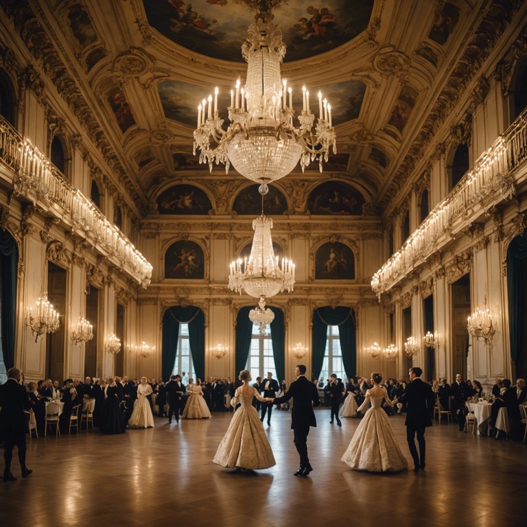 Imagine a grand ballroom in the 18th century, filled with the aristocracy celebrating a victorious battle. The air is electric, brimming with joy and relief. Gilded decorations cast intricate shadows as dancers whirl around, and your composition underscores this majestic scene with a mixture of celebratory and grandiose melodies, weaving through emotions of triumph and festivity, fully expressing the elaborate lifestyle and opulence of the time.