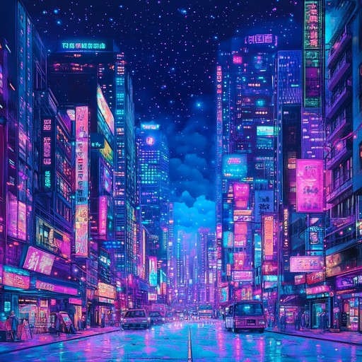 An instrumental hypnotic j pop track weaving ethereal melodies and mesmerizing rhythms, transporting listeners into a dreamy realm of neon lit cityscapes and pulsating night skies