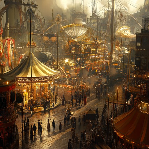 Immerse yourself in a whimsical world where steampunk mechanics meet the vibrant energy of a classic carnival. This instrumental tune features a mix of brass, accordion, and peculiar contraptions, creating a lively atmosphere reminiscent of a fantastical circus. It progresses through dynamic shifts, playful melodies, and unexpected sound effects, invoking images of acrobats, clowns, and steam powered rides.