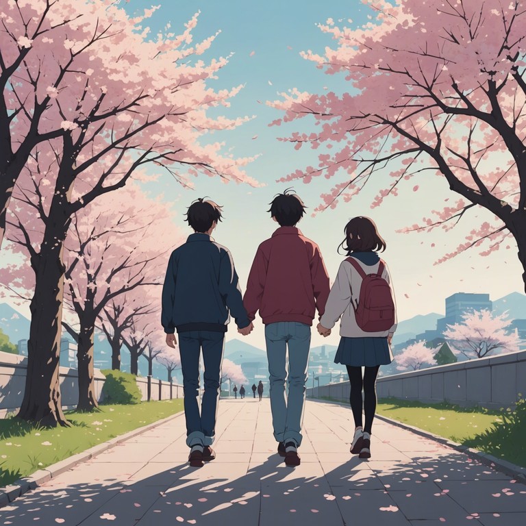 As the petals fall, the soft violin accompanies the blushing moments of shy glances and gentle confessions between animated lovers, enhancing the beauty of their budding romance