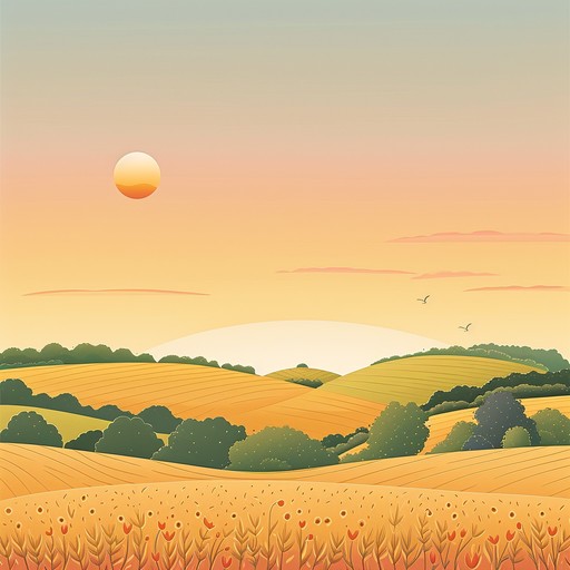 Softly plucked guitar strings and gentle acoustic rhythms create a peaceful homage to nature, surrounded by warm ambient sounds and a nostalgic, tender feel, painting tranquil countryside vistas