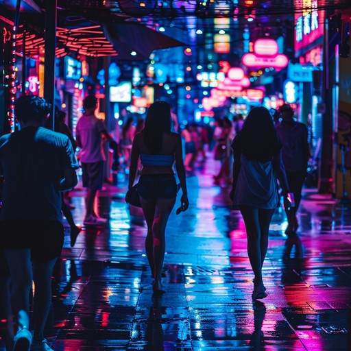 An infectious urban jpop track with pulsating beats and catchy synths, capturing the neon lit streets and dynamic nightlife of tokyo. Merging traditional japanese musical elements with modern pop, it creates an energetic, danceable, and vibrant soundscape.