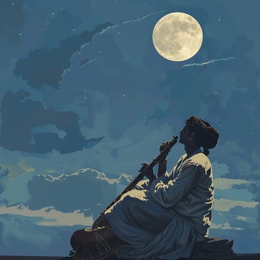 A serene instrumental piece reflecting the soulful essence of hindustani classical music under the gentle glow of moonlight. The meandering raga melody on the sitar weaves a tapestry of calmness, evoking the serenity of a moonlit night. Ideal for meditation or relaxation.