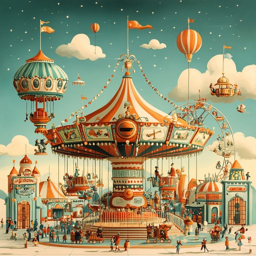 An instrumental piece that fuses mechanical industrial elements with lighthearted, whimsical melodies, creating a sonic journey through a fantastical steampunk carnival.