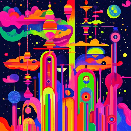 Dive into an energetic psychedelic wonderland with a joyful tune that bursts with vibrant tones. This piece captures the essence of a cosmic journey through a surreal carnival, blending captivating melodies with a buoyant, uplifting spirit.