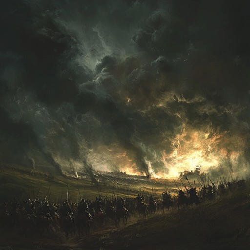 A composition designed to evoke the chaos and urgency of medieval battlefield scenarios, featuring pronounced martial beats and blaring horns that mimic the adrenaline of ancient warriors heading into combat. The soundscape is dense and intense, focusing on a rhythmic progression that builds tension and illustrates the momentum of an advancing army.